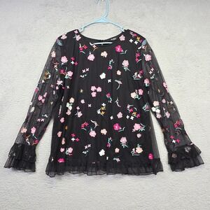 Du Jour Top Womens M Black Bell Sleeve Floral Embroidered Boho Ruffle Whimsigoth